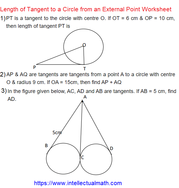 Length of Tangent to a Circle from an External Point Worksheet